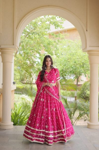 Refined Rani Pink Women's Navratri Lehenga Choli with Sequins and Gota Lace Work Navratri Lehnega Choli