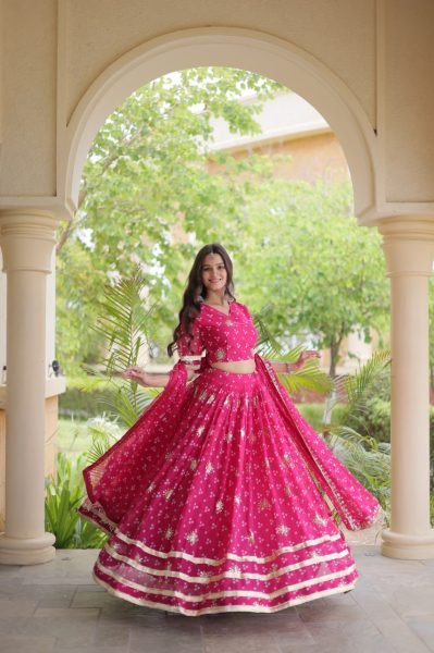 Refined Rani Pink Women's Navratri Lehenga Choli with Sequins and Gota Lace Work Navratri Lehnega Choli