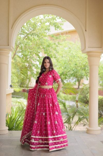 Refined Rani Pink Women's Navratri Lehenga Choli with Sequins and Gota Lace Work Navratri Lehnega Choli