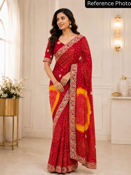 Refined Red Bandhani Printed Georgette Saree with Embroidered Butti Work 
