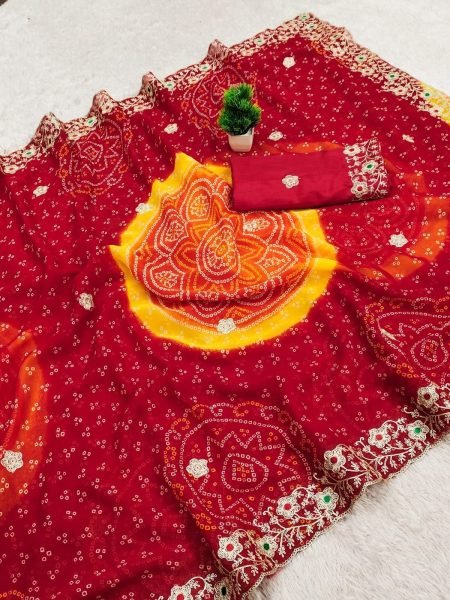 Refined Red Bandhani Printed Georgette Saree with Embroidered Butti Work Bandhej Sarees Wholesale