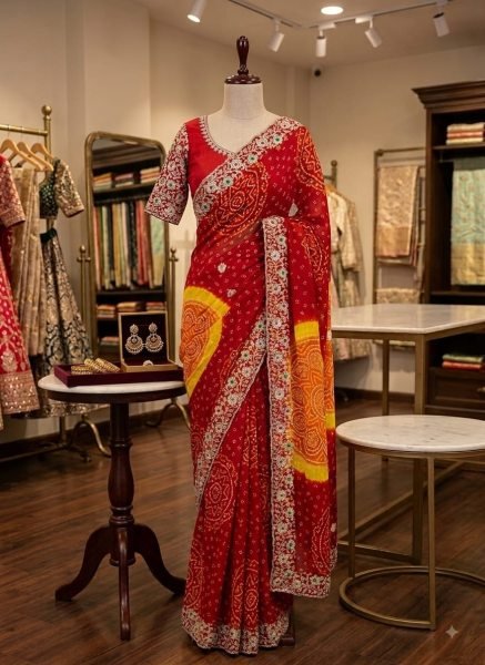 Refined Red Bandhani Printed Georgette Saree with Embroidered Butti Work Bandhej Sarees Wholesale