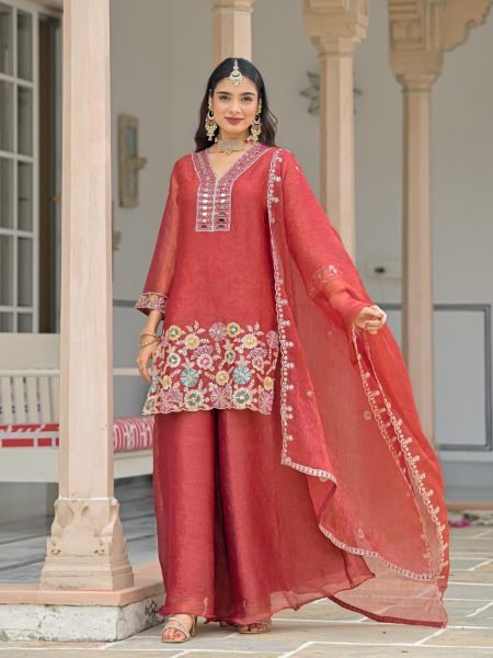 Refined Red Crush Satin Top Palazzo Dupatta Set with Embroidered Dupatta for Wedding 