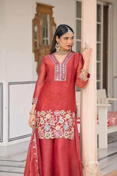 Refined Red Crush Satin Top Palazzo Dupatta Set with Embroidered Dupatta for Wedding Designer Plazzo Salwar Suits Wholesale