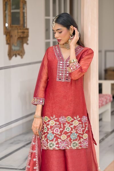Refined Red Crush Satin Top Palazzo Dupatta Set with Embroidered Dupatta for Wedding Designer Plazzo Salwar Suits Wholesale