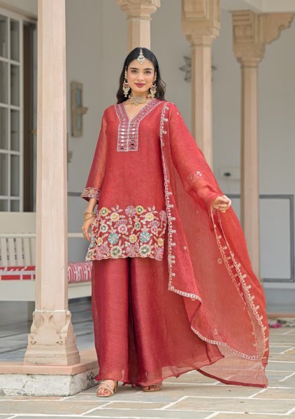 Refined Red Crush Satin Top Palazzo Dupatta Set with Embroidered Dupatta for Wedding Designer Plazzo Salwar Suits Wholesale