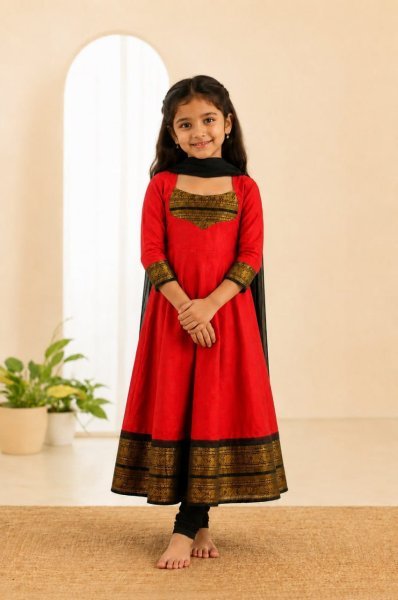 Refined Red Girls Ethnic Wear Anarkali Dress with Matching Dupatta at Manufacturer  Girls Wear
