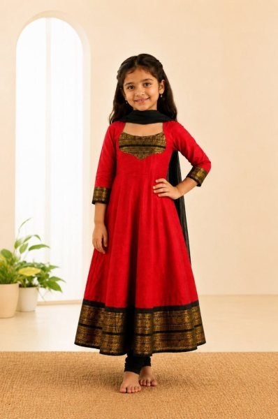 Refined Red Girls Ethnic Wear Anarkali Dress with Matching Dupatta at Manufacturer  Girls Wear