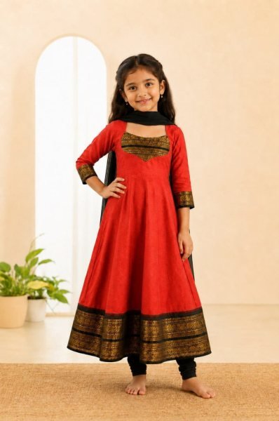 Refined Red Girls Ethnic Wear Anarkali Dress with Matching Dupatta at Manufacturer  Girls Wear