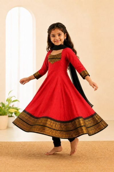 Refined Red Girls Ethnic Wear Anarkali Dress with Matching Dupatta at Manufacturer  Girls Wear