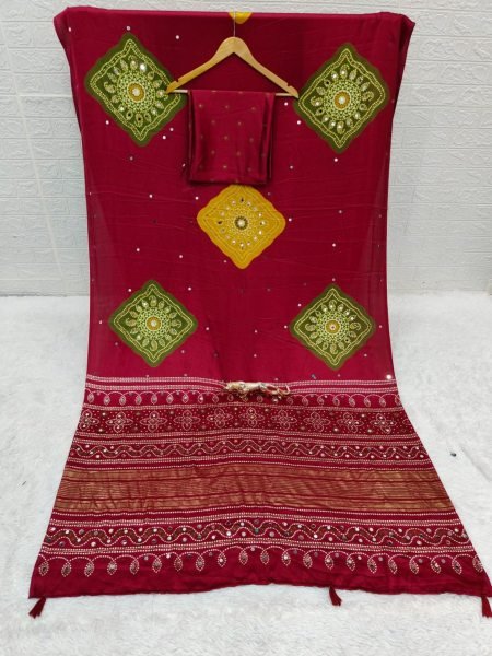 Refined Wine Japan Satin Silk Saree with Foil Print and Heavy Mirror Work Sarees 