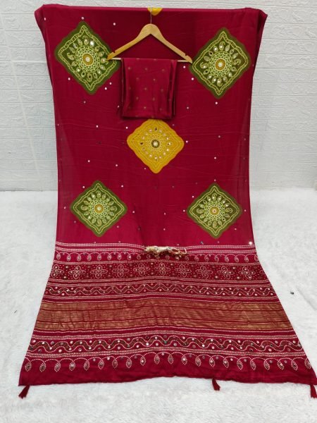 Refined Wine Japan Satin Silk Saree with Foil Print and Heavy Mirror Work Silk Sarees Wholesale