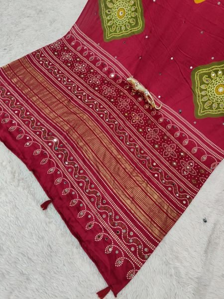 Refined Wine Japan Satin Silk Saree with Foil Print and Heavy Mirror Work Silk Sarees Wholesale