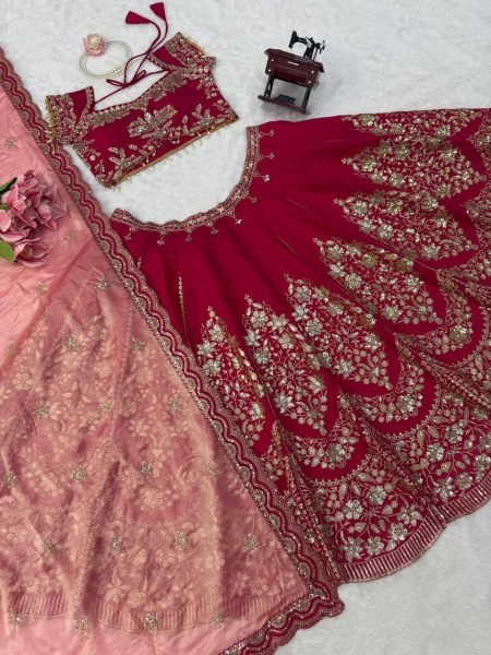Refined Red Mul Chanderi Lehenga Choli with Thread Sequin and Cutwork at Wholesale Rate Designer Lehenga Choli