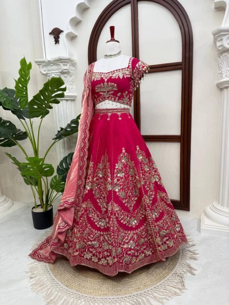 Refined Red Mul Chanderi Lehenga Choli with Thread Sequin and Cutwork at Wholesale Rate Designer Lehenga Choli