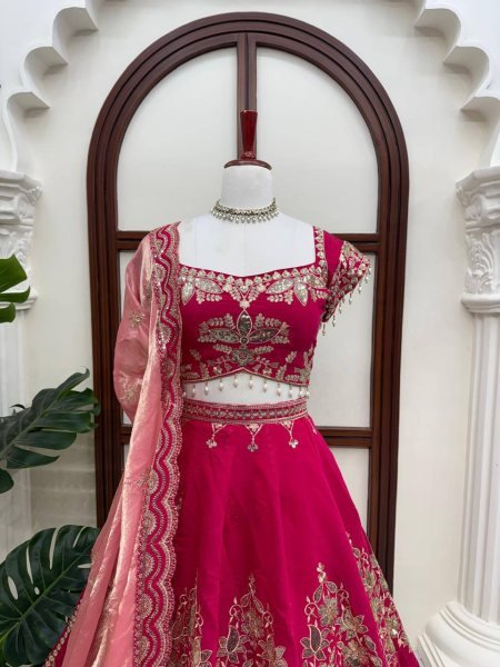 Refined Red Mul Chanderi Lehenga Choli with Thread Sequin and Cutwork at Wholesale Rate Designer Lehenga Choli
