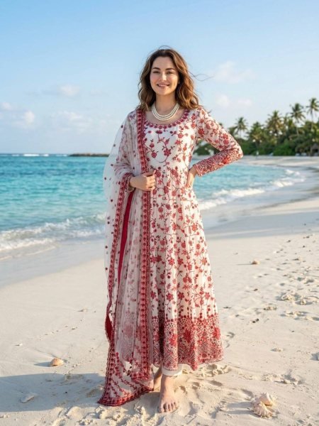 Refined Red Party Wear Anarkali Set with Stretchable Pant at Manufacturer Price 