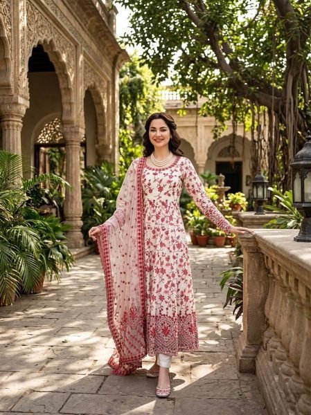 Refined Red Party Wear Anarkali Set with Stretchable Pant at Manufacturer Price Ready To Wear Collection
