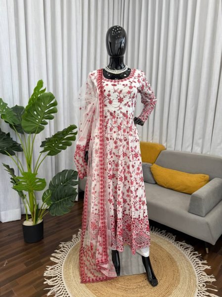 Refined Red Party Wear Anarkali Set with Stretchable Pant at Manufacturer Price Ready To Wear Collection