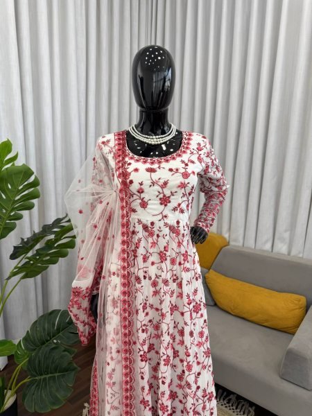 Refined Red Party Wear Anarkali Set with Stretchable Pant at Manufacturer Price Ready To Wear Collection
