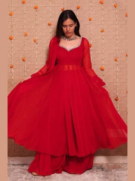 Iconic Red Women s Georgette Gown Palazzo Dupatta Set with Mirror Work at Factory Price  Ready To Wear Suit
