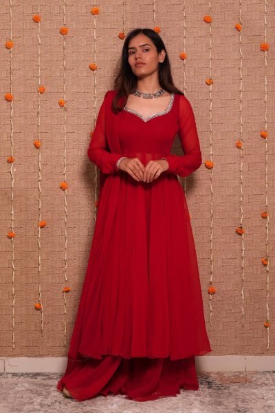 Iconic Red Women s Georgette Gown Palazzo Dupatta Set with Mirror Work at Factory Price  Ready To Wear Collection