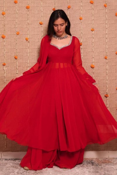 Iconic Red Women s Georgette Gown Palazzo Dupatta Set with Mirror Work at Factory Price  Ready To Wear Collection
