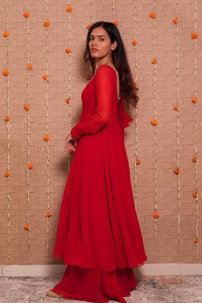 Iconic Red Women s Georgette Gown Palazzo Dupatta Set with Mirror Work at Factory Price  Ready To Wear Collection