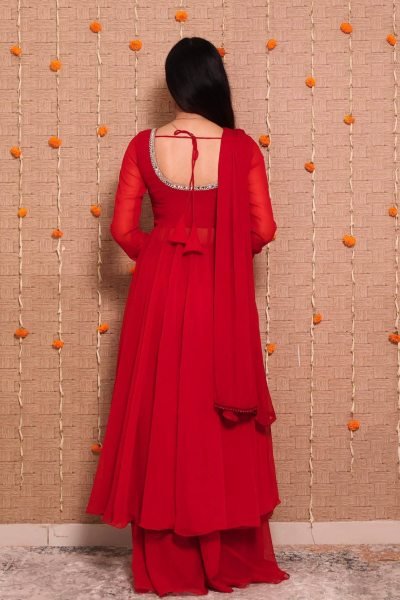 Iconic Red Women s Georgette Gown Palazzo Dupatta Set with Mirror Work at Factory Price  Ready To Wear Collection