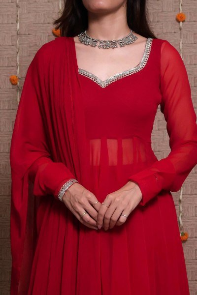 Iconic Red Women s Georgette Gown Palazzo Dupatta Set with Mirror Work at Factory Price  Ready To Wear Collection