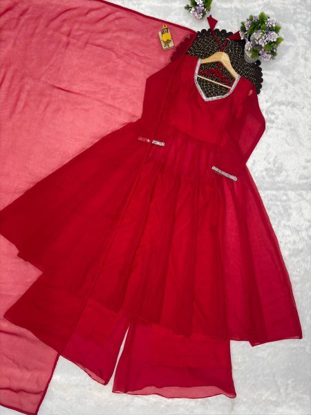 Iconic Red Women s Georgette Gown Palazzo Dupatta Set with Mirror Work at Factory Price  Ready To Wear Collection