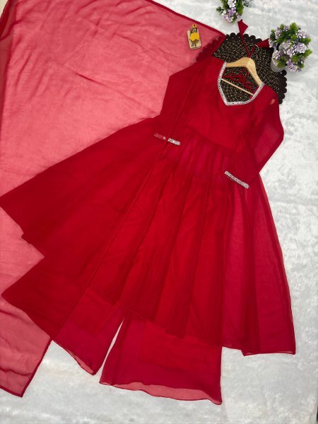 Iconic Red Women s Georgette Gown Palazzo Dupatta Set with Mirror Work at Factory Price  Ready To Wear Collection