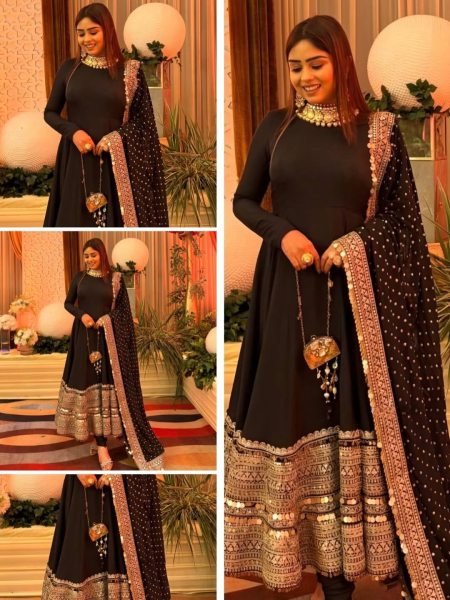 Refined Roman Silk Embroidered Roman Silk Anarkali Set with Heavy Flair for Festive Wear Anarkali Kurtis 