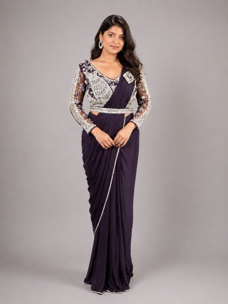 Refined Royal Purple Ready to Wear Imported Lycra Saree with Beads Work Blouse Sarees 