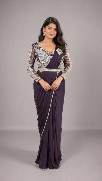 Refined Royal Purple Ready to Wear Imported Lycra Saree with Beads Work Blouse Ready To Wear Saree 