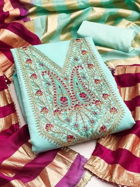 Refined Sky Blue Party Wear Roman Silk Suit with Rich Cording Embroidery Design 