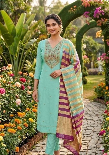 Refined Sky Blue Party Wear Roman Silk Suit with Rich Cording Embroidery Design Punjabi Dress Materials Wholesale