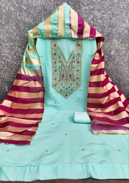Refined Sky Blue Party Wear Roman Silk Suit with Rich Cording Embroidery Design Punjabi Dress Materials Wholesale
