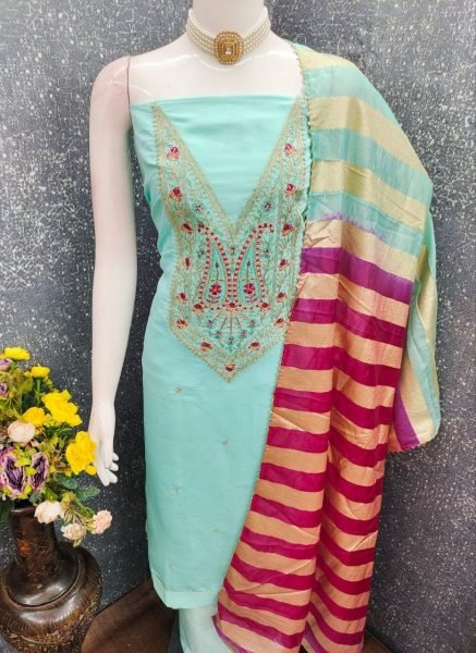 Refined Sky Blue Party Wear Roman Silk Suit with Rich Cording Embroidery Design Punjabi Dress Materials Wholesale