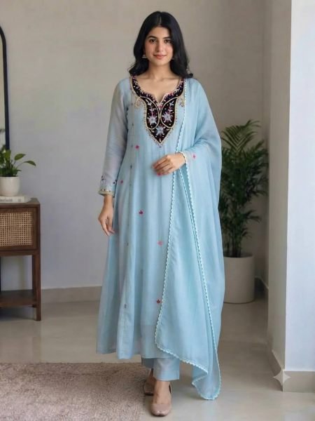 Refined Sky Blue Premium Chanderi Top with Roman Cotton Silk Pant and Dupatta 