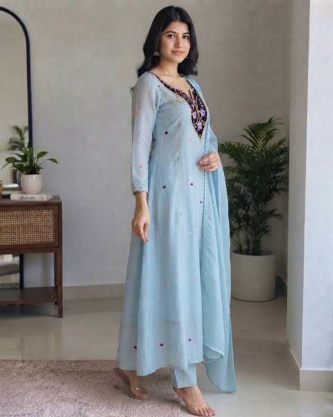 Refined Sky Blue Premium Chanderi Top with Roman Cotton Silk Pant and Dupatta Ready To Wear Collection