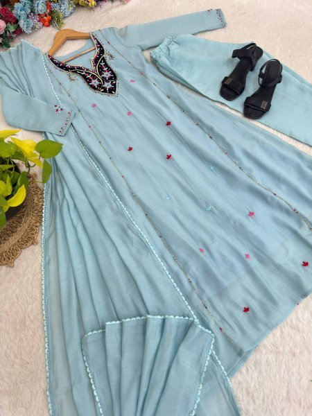 Refined Sky Blue Premium Chanderi Top with Roman Cotton Silk Pant and Dupatta Ready To Wear Collection