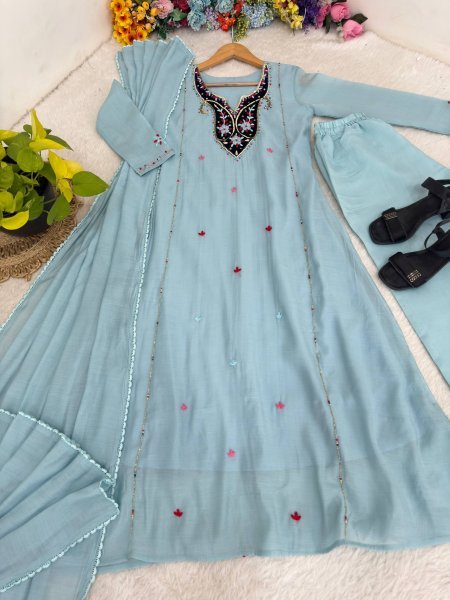 Refined Sky Blue Premium Chanderi Top with Roman Cotton Silk Pant and Dupatta Ready To Wear Collection