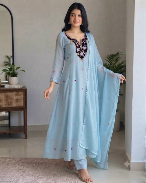 Refined Sky Blue Premium Chanderi Top with Roman Cotton Silk Pant and Dupatta Ready To Wear Collection