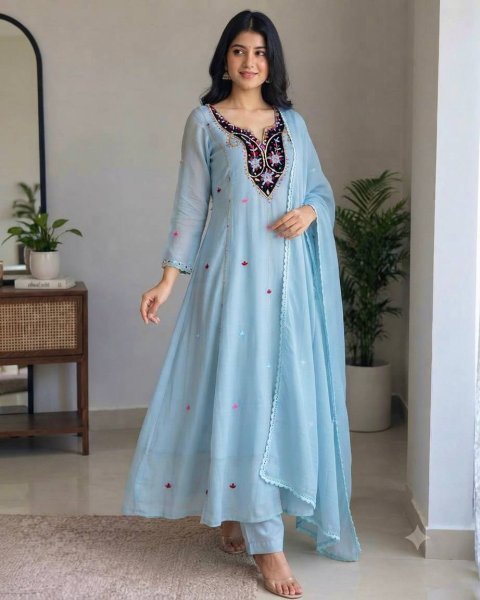 Refined Sky Blue Premium Chanderi Top with Roman Cotton Silk Pant and Dupatta Ready To Wear Collection