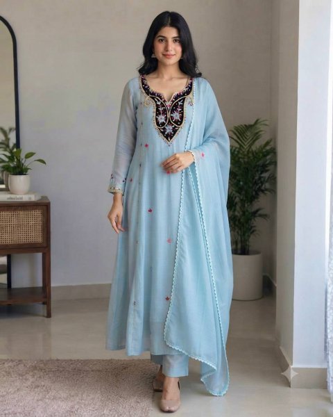 Refined Sky Blue Premium Chanderi Top with Roman Cotton Silk Pant and Dupatta Ready To Wear Collection