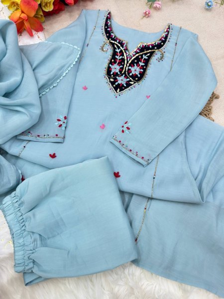 Refined Sky Blue Premium Chanderi Top with Roman Cotton Silk Pant and Dupatta Ready To Wear Collection