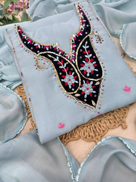 Refined Sky Blue Premium Chanderi Top with Roman Cotton Silk Pant and Dupatta Ready To Wear Collection