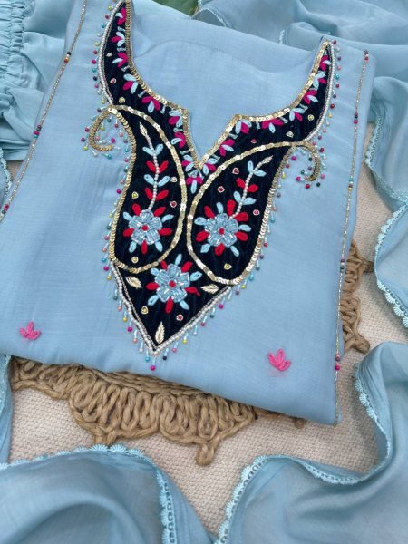 Refined Sky Blue Premium Chanderi Top with Roman Cotton Silk Pant and Dupatta Ready To Wear Collection