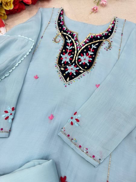 Refined Sky Blue Premium Chanderi Top with Roman Cotton Silk Pant and Dupatta Ready To Wear Collection